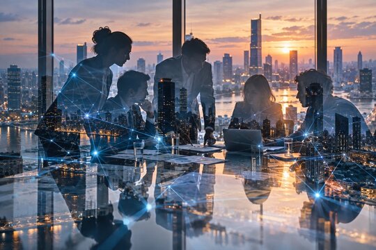 Silhouetted business team blended with a city skyline and glowing network connections