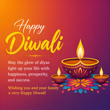 Happy Diwali greeting card with glowing decorated diyas on rangoli and warm orange purple gradient