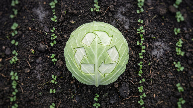 A fresh green cabbage head with a carved recycling symbol sitting in the middle of a field with small sprouts in the soil