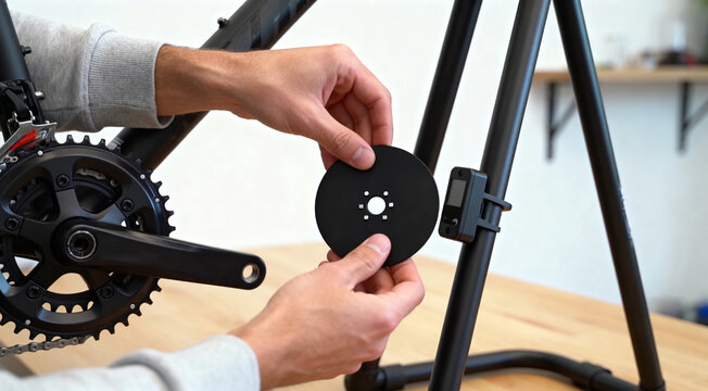 Hands installing disc adapter on indoor bike trainer for cycling workout and bicycle maintenance