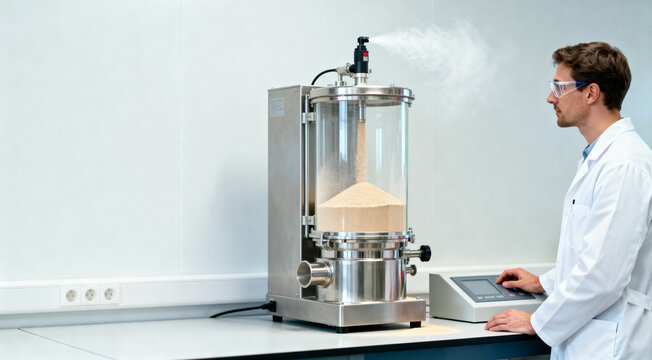 Laboratory researcher in a white coat operates analytical equipment to test powdered material and monitor particle flow for pharmaceutical quality control and industrial product consistency