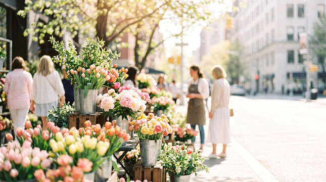People shopping for fresh flowers at a beautiful outdoor florist market stall on a sunny city street