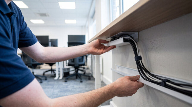 Closeup of a person organizing computer cables under a modern office desk using a cable management tray and clips