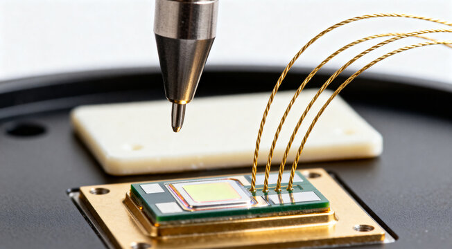 Semiconductor microchip during precision wire bonding and probe testing, showing gold bonding wires, test probe and package used in electronics manufacturing
