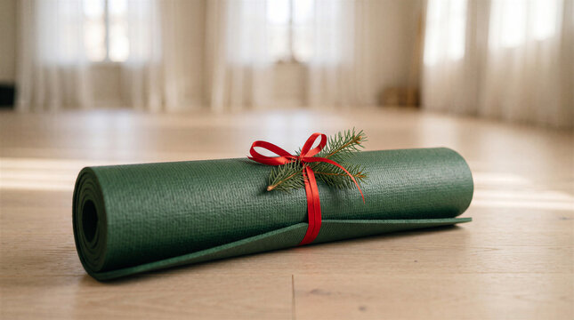 Green yoga mat rolled up and tied with a red ribbon and a small pine branch as a christmas gift on a wooden floor