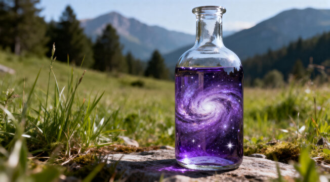 Glass bottle containing purple galaxy on a mountain meadow with magical cosmic vial
