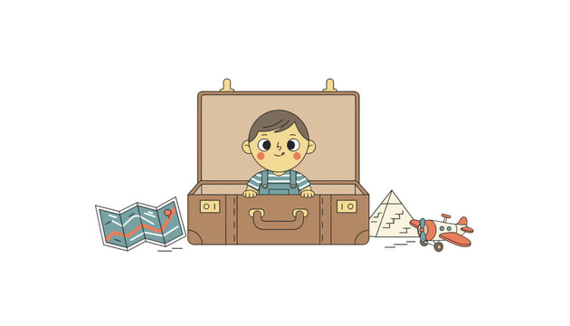 Adorable young boy sits inside open vintage suitcase surrounded by world map toy plane and pyramids dreaming of travels.