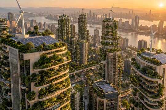 Futuristic Green City with Sustainable Architecture Wind Turbines and Solar Panels at Sunset.