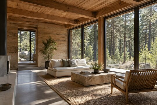 Modern luxury living room interior inside forest wooden cabin.