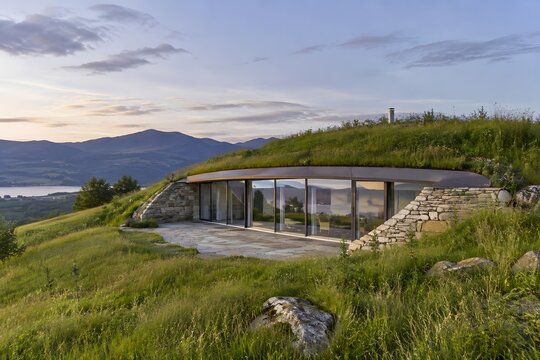 Modern underground house built into green hillside at sunset.
