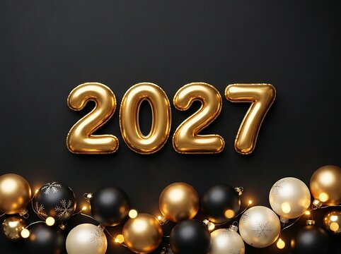 Gold foil balloons forming 2027 on black background with festive
