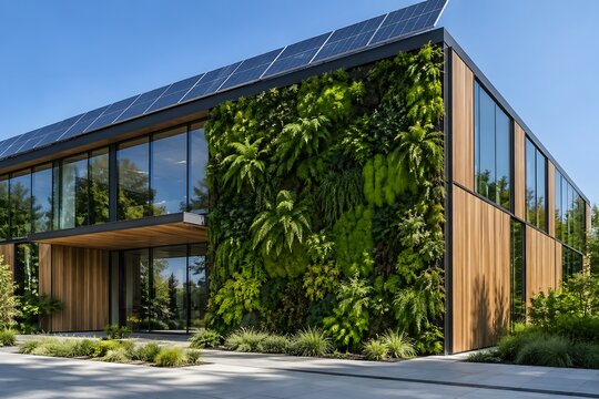 Modern Sustainable Office Building With Living Green Wall And Solar Panels.