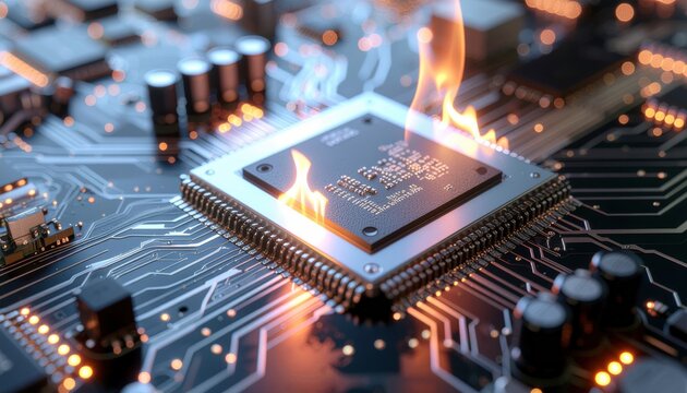 Close-up of a burning computer processor on a circuit board with flames and smoke.