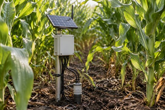 Smart Agriculture Sensor Device in Green Corn Field with Solar Panel.