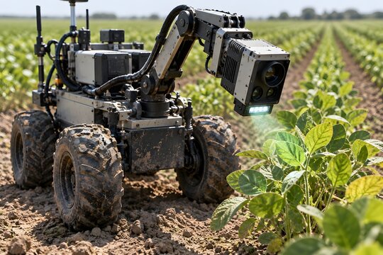 Autonomous Agricultural Robot Scanning Green Crops in Sunny Field.