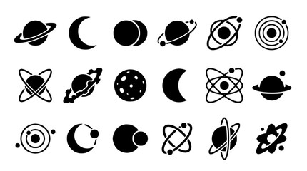 Space Exploration and Astronomy Solid Icon Set Featuring Planets Ringed Saturn Solar System Orbits Crescent Moon Phases Atom Structures and Universe Astrology Symbols © MdRakib
