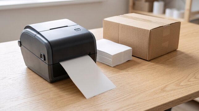 Black thermal label printer dispensing a blank white shipping label next to a cardboard box and folded paper stack on a light wooden office desk.