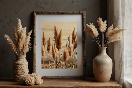 Boho styled rustic shelf with framed wheat field and dried pampas