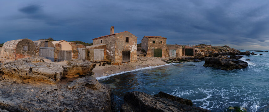 Old fishermen's huts Ses Roquetes, Col&ograve;nia de Sant Jordi, municipality of Ses Salines, Mallorca, Balearic Islands, Spain