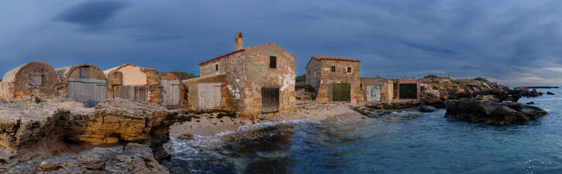 Old fishermen's huts Ses Roquetes, Col&ograve;nia de Sant Jordi, municipality of Ses Salines, Mallorca, Balearic Islands, Spain