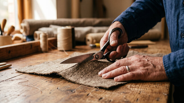 Skilled craftsman cutting rough organic textile sheet using vintage scissors on wooden workbench