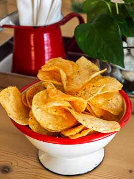 bucket of potato chips, Mallorca, Balearic Islands, Spain