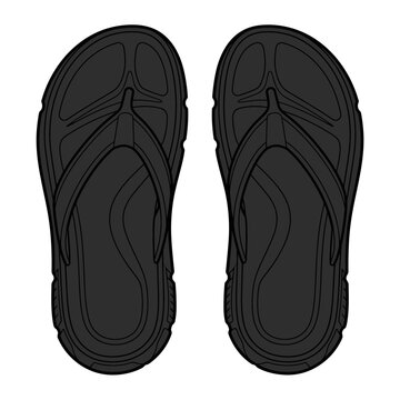 Top view vector illustration of a pair of black rubber flip-flops, minimalist flat design of casual beach sandals isolated on white background, perfect for summer vacation and leisure themes.