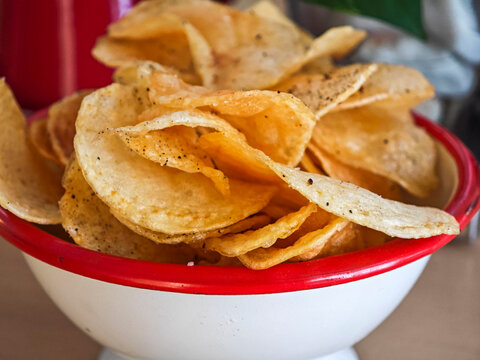 bucket of potato chips, Mallorca, Balearic Islands, Spain