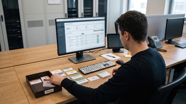 Administrator reviewing access dashboard and sorting removal cards