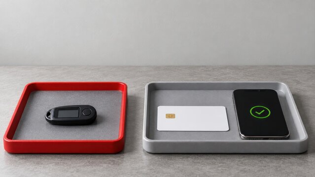 Approved smartphone and revoked hardware token in security sorting trays