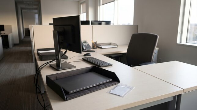 Returned laptop and keycard on empty desk after access revoked