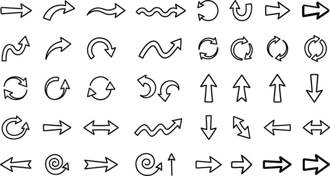 Hand Drawn Arrow Line Icon Set with Cursor Direction Pointer Motion and Rotation Symbols for Creative Web Presentation Sketches and Mobile Interface Designs