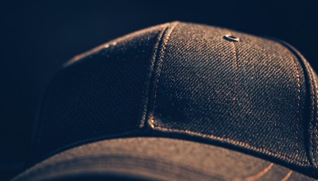 Close-up of a dark baseball cap worn by a person, emphasizing texture and shadow.