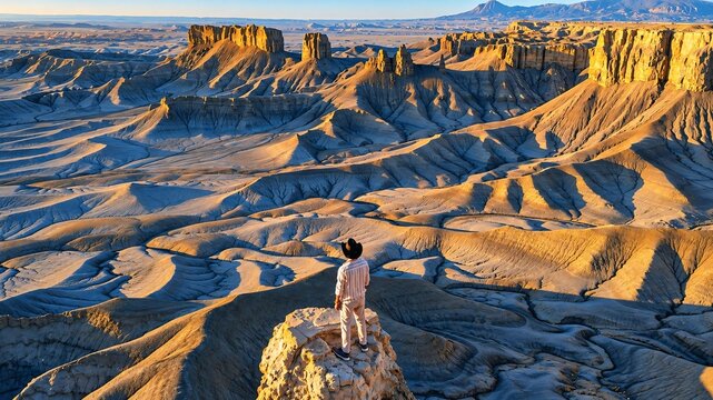 Majestic Desert Badlands Landscape at Golden Hour with a Lone Explorer &ndash; Dramatic Mountain Scenery