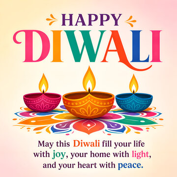 Happy Diwali colorful typography greeting with three diyas on rangoli, joy, light and peace message