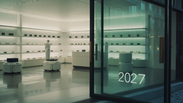 Year 2027 sign on a modern office building glass door
