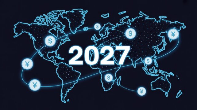 Global financial network map with currency symbols for 2027