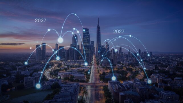 Futuristic city skyline with glowing digital network lines