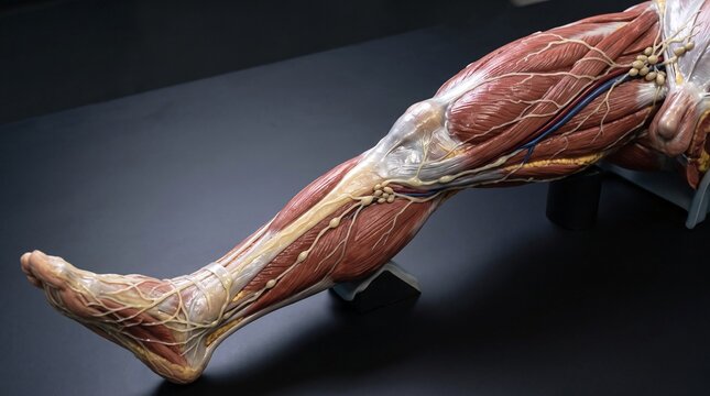 Anatomical Model of Human Lower Limb Showing Muscles Veins and Nerves on Black Background