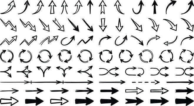 Hand Drawn Arrow Mega Line Icon Collection with Diverse Doodle Direction Pointer Motion and Circular Loop Rotation Symbols for Creative Presentation Sketches