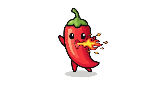 Chili pepper icon character breathes fire on white background
