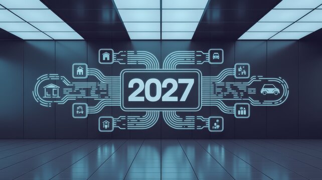 Digital 2027 year banner with connected smart city icons