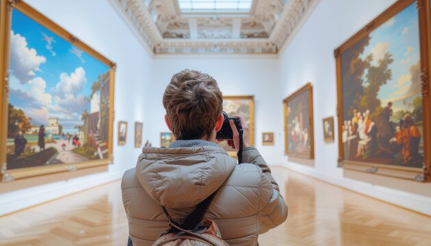 Person photographing artwork in a grand art museum gallery.