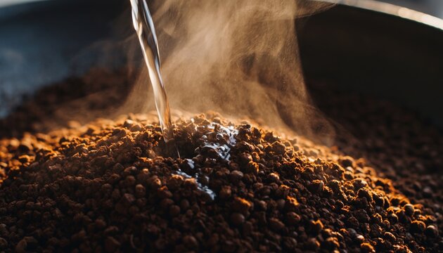 Close-up of hot water pouring onto coffee grounds, brewing a fresh cup.