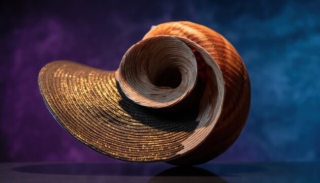 Close-up of a Spiral Seashell with Golden Texture.
