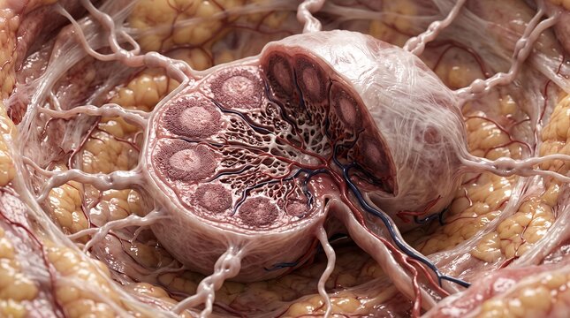 Anatomical Cross Section of Human Testes and Epididymis with Blood Vessels and Adipose Tissue