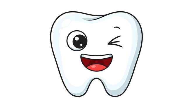 A cute cartoon tooth winking with a happy smile