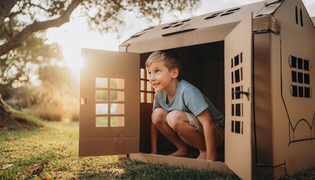 Joyful child inside a cardboard house, playing outdoors in the sunlight.