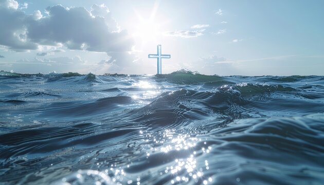 Cross Silhouette Emerging from Stormy Ocean Waves Under Dramatic Sunlight.