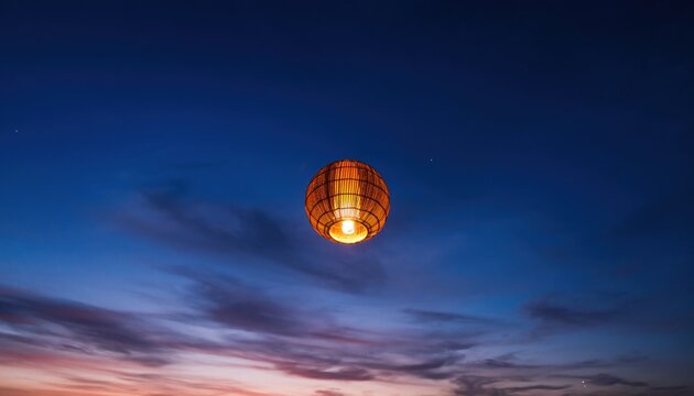 A single glowing lantern floats in the twilight sky.